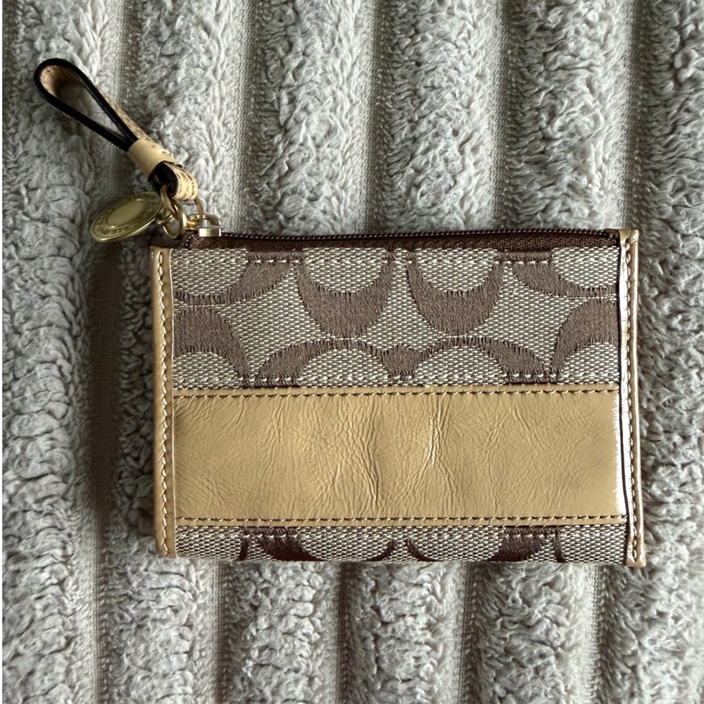 Coach Vintage Signature Jacquard Mini Skinny ID Case Wallet Tan Brown Gold Charm